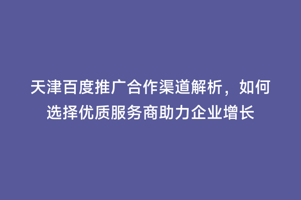天津百度推广合作渠道解析，如何选择优质服务商助力企业增长