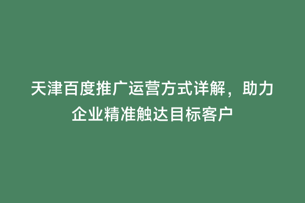 天津百度推广运营方式详解，助力企业精准触达目标客户