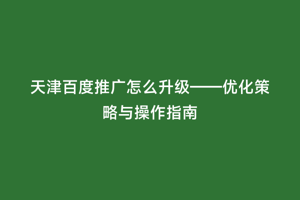 天津百度推广怎么升级——优化策略与操作指南